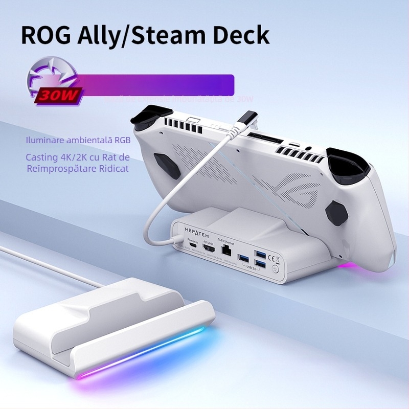 ROG dock portabil RGB USB-C hub multiport, transfer 10Gbps, cablu 26 cm, fără alimentare externă, suport 1–6 porturi