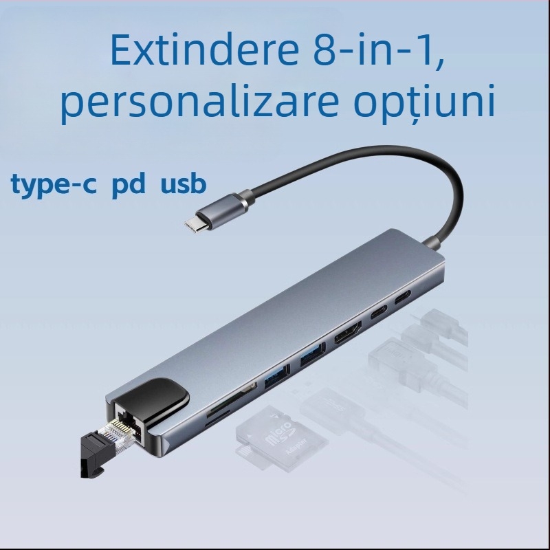Stație docking USB-C 8 în 1: USB 3.1, până la 5 Gbps, cablu de 15 cm, fără alimentare externă