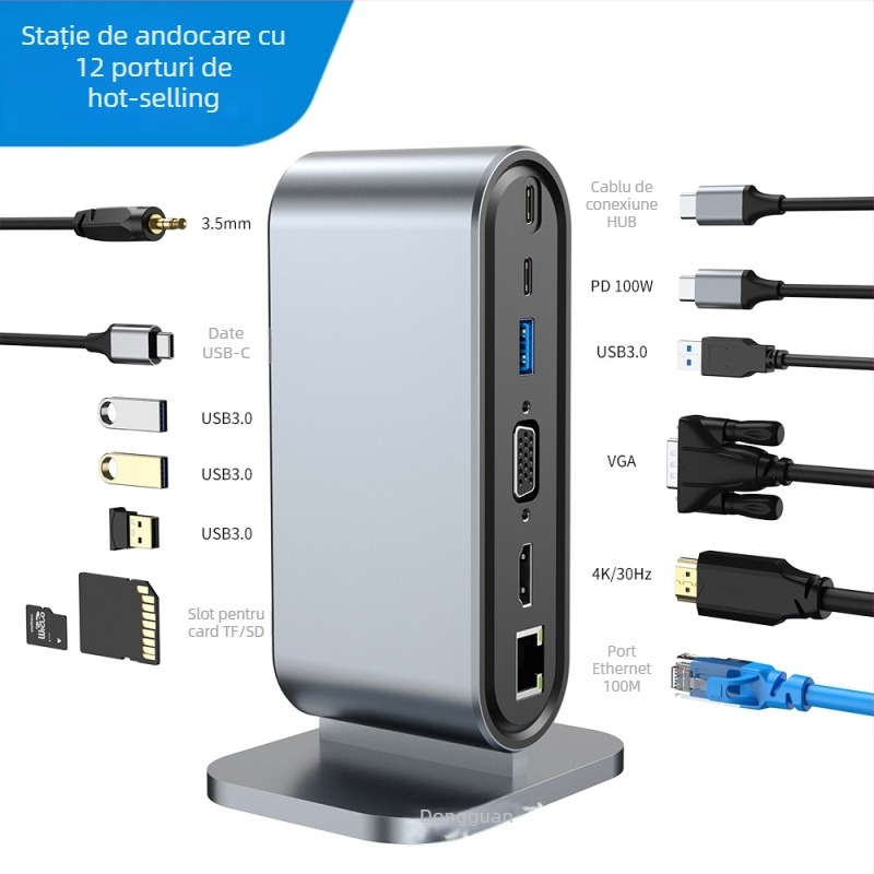 Stație docking USB-C 12-in-1, verticală, cu interfețe multiple pentru calculatoare Apple și Huawei; Model: 2201; Interfața: USB-C; Viteza de transfer: 5,0 Gbps; Alimentare externă: Nu; Lungime cablu: 13,5
