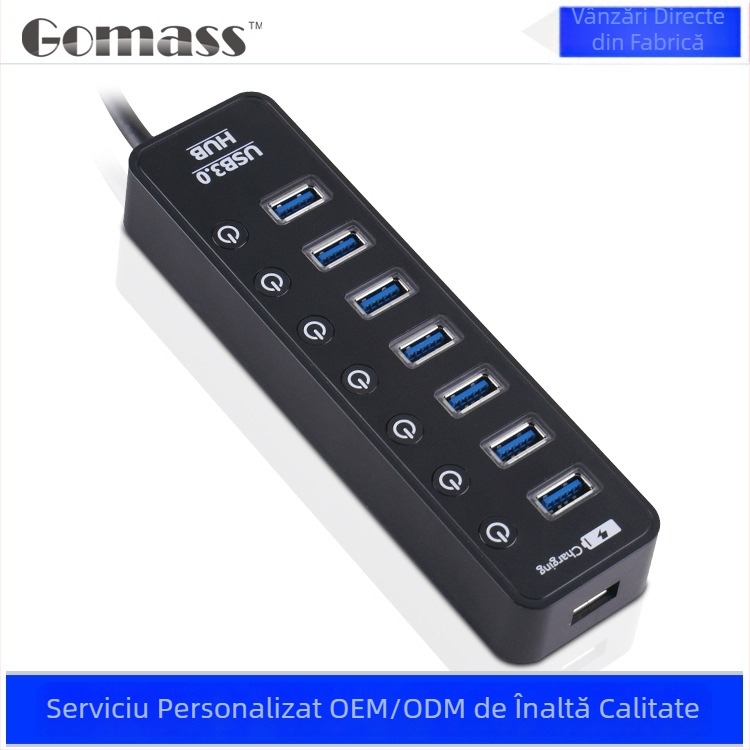 Hub USB 3.0 cu 7 porturi, comutatoare independente, model CH-207U3, viteză 5 Gbps, alimentare externă, cablu 0,6 m sau 1 m