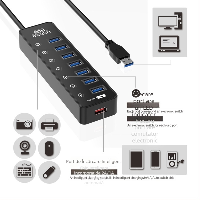 Hub USB 3.0 cu 7 porturi, comutatoare independente, model CH-207U3, viteză 5 Gbps, alimentare externă, cablu 0,6 m sau 1 m
