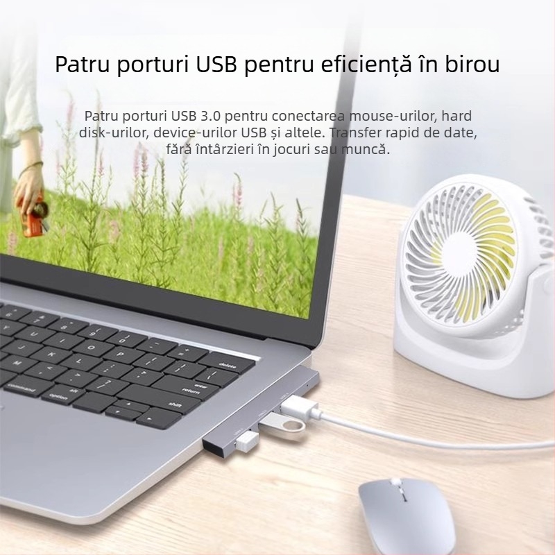 YMCHN ym006 Hub USB 3.0 cu unghi drept din aliaj de aluminiu, 1–4 porturi, stație docking Type-C