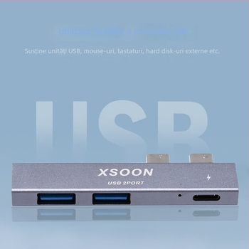 Hub USB-C pentru MacBook Pro / Air cu PD, splitter 1 la 3, USB 2.0, aliaj de aluminiu