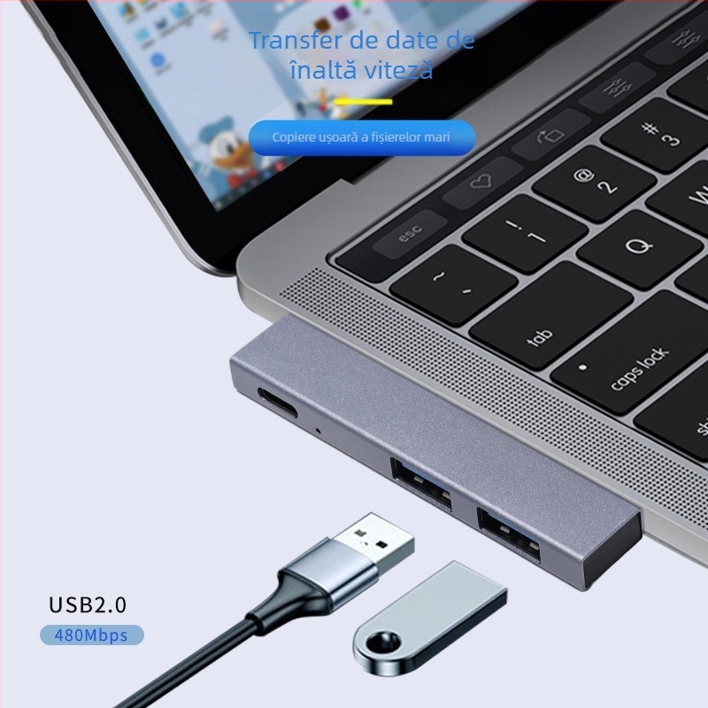 Hub USB-C pentru MacBook Pro / Air cu PD, splitter 1 la 3, USB 2.0, aliaj de aluminiu