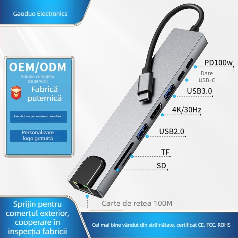 Stație docking Type-C 8-in-1 USB hub pentru Huawei MacBook; Interfață: Type-C; Viteză de transfer: 100 Mbps; Alimentare externă: Nu; Model: AD-037/BYL-2017L