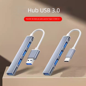 Hub USB 3.0 cu 4 porturi, cablu 15 cm, carcasă din aluminiu, 5 Gbps, 1x USB 3.0 + 3x USB 2.0, fără alimentare externă