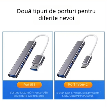 Hub USB 3.0 cu 4 porturi, cablu 15 cm, carcasă din aluminiu, 5 Gbps, 1x USB 3.0 + 3x USB 2.0, fără alimentare externă