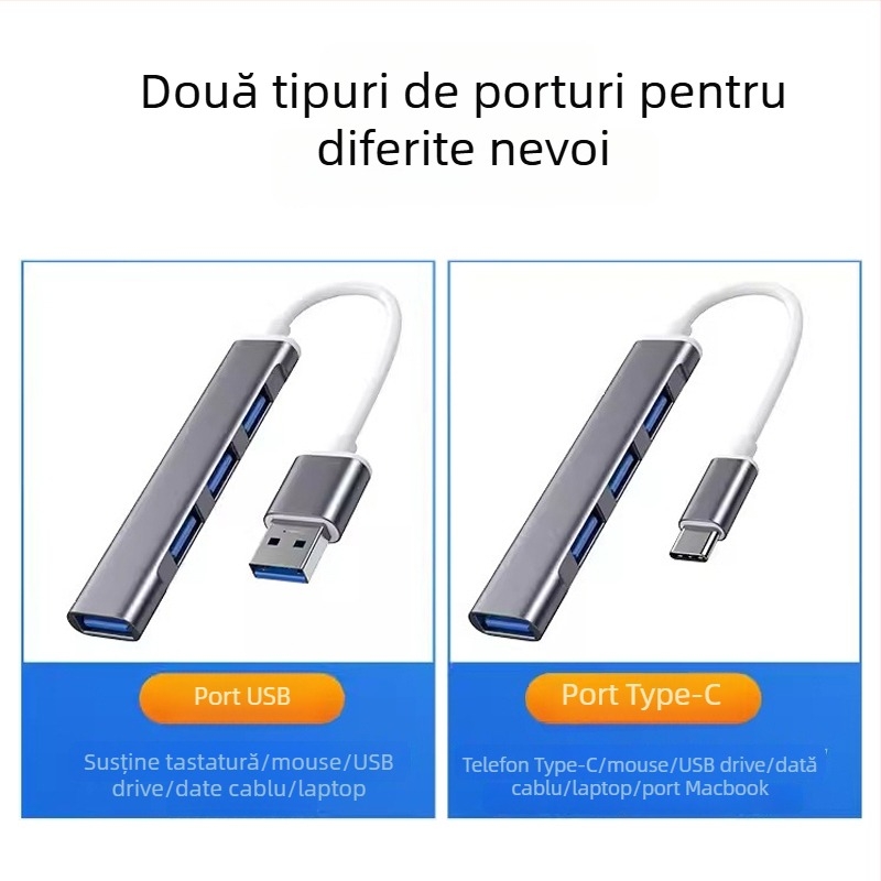 Hub USB 3.0 cu 4 porturi, cablu 15 cm, carcasă din aluminiu, 5 Gbps, 1x USB 3.0 + 3x USB 2.0, fără alimentare externă