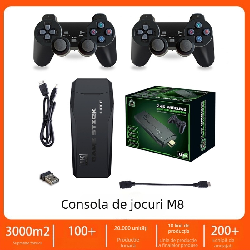 Consolă de jocuri nostalgică cu 64 GB stocare, 2 controllere wireless, conectare USB wireless, OS simplificat, grafică HD