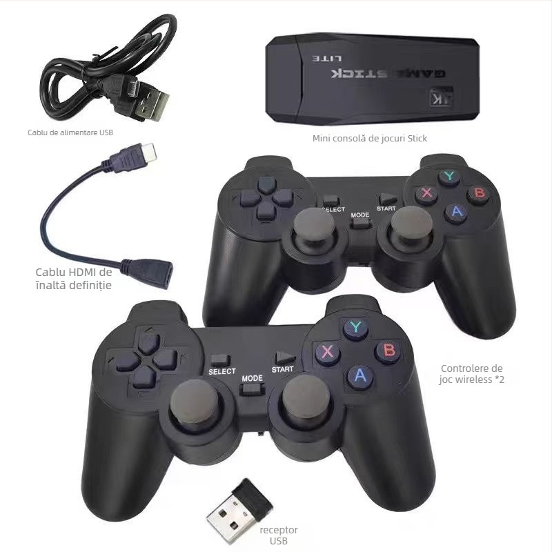 Consolă de jocuri nostalgică cu 64 GB stocare, 2 controllere wireless, conectare USB wireless, OS simplificat, grafică HD