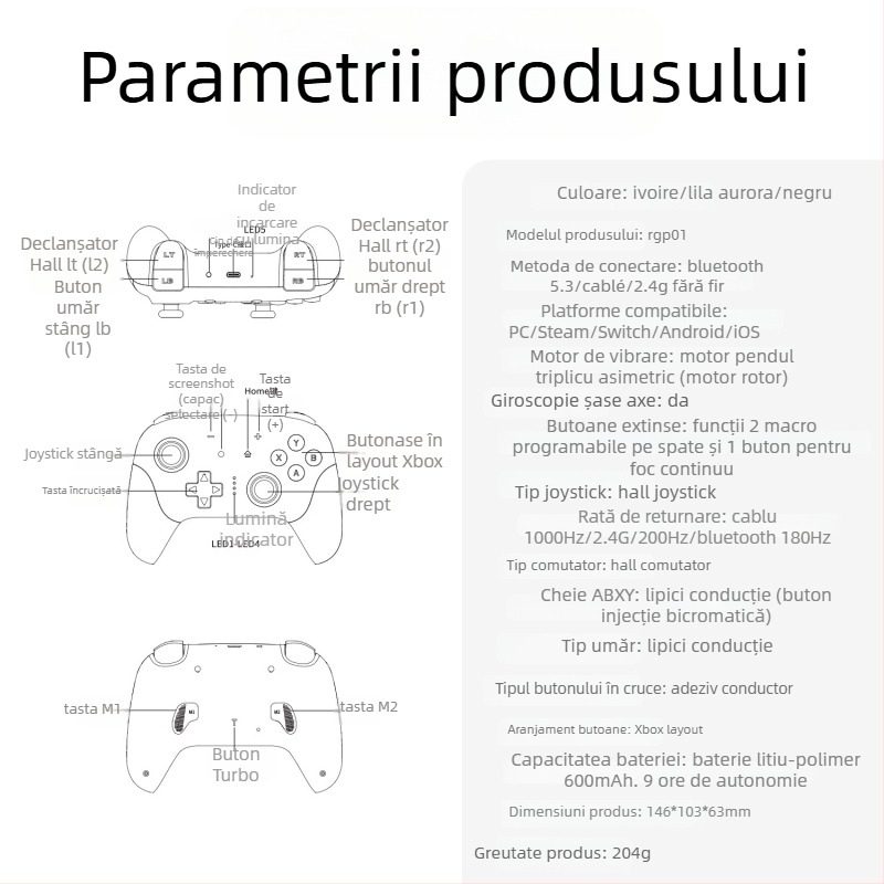 AMPOWN RGP01 gamepad — controler wireless multi-platform cu Bluetooth 5.3/2.4G, USB, vibrație, iluminare RGB