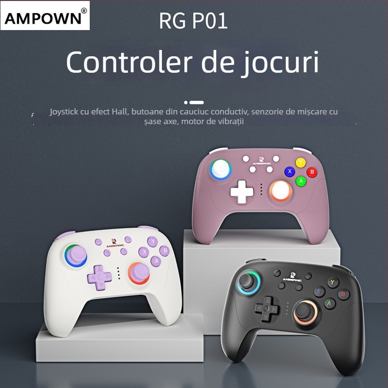 AMPOWN RGP01 gamepad — controler wireless multi-platform cu Bluetooth 5.3/2.4G, USB, vibrație, iluminare RGB