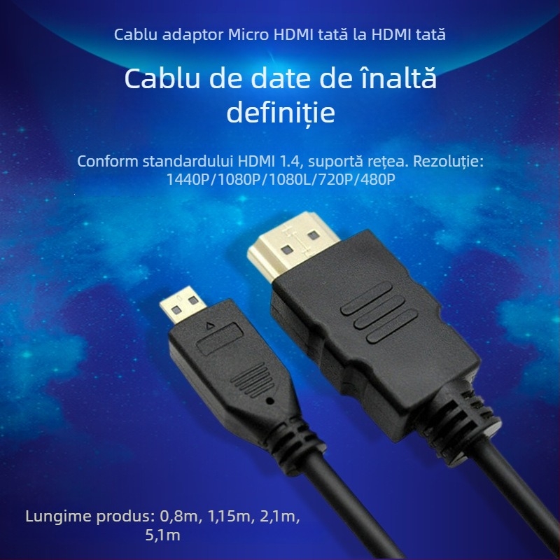 Cablu Micro HDMI către HDMI, cablu de înaltă definiție pentru tablete și camere, compatibil cu monitoare și proiectoare, lungime 0,3 m