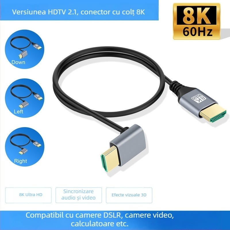 HDMI 8K 2.1V cablu unghiular, cablu adaptor pentru calculator/TV/monitor/proiector, conductor din oțel acoperit cu cupru, conectori plăcați cu aur, lungime 0,5–1 m