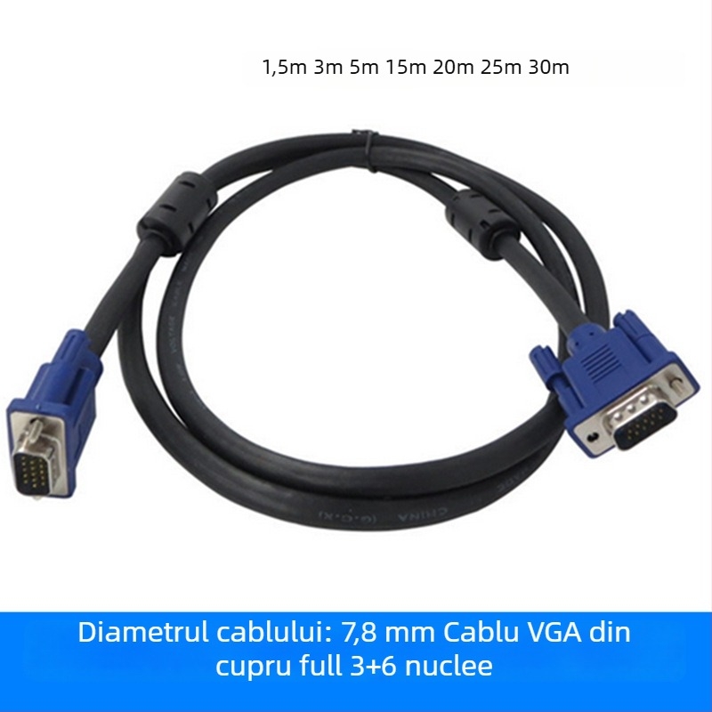 Cablu VGA, din cupru 3+6 conductori, HD digital, lungime 1,5–30 m, pentru calculatoare personale