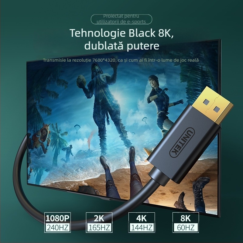 Cablu converter DisplayPort către HDMI, conectori DP masculini, contacte placate cu aur, cupru fără oxigen, interfață DP, pentru console de jocuri