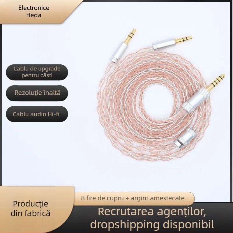 Cablu de upgrade audio pentru căști, 8 nuclee din cupru placat cu argint, 3,5 mm dublu, compatibil HD650