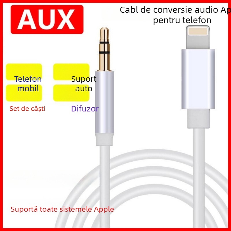 Cablu audio AUX pentru mașină Apple, compatibil cu iPhone XR, 7, 11, 8 și 8 Plus | nucleu din cupru placat cu aur, conductor din aliaj