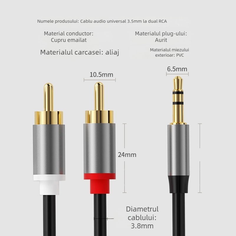 Cablu audio 3,5 mm către două RCA, cablu splitter pentru PC, placat cu aur, nucleu din oțel, conductor din cupru