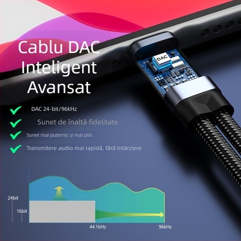 Adaptor USB-C către 3,5 mm pentru audio cu încărcare PD, pentru dispozitive digitale, cu contacte placate cu aur, nucleu din cupru, greutate 20 g, model USB-C-3.5+PD