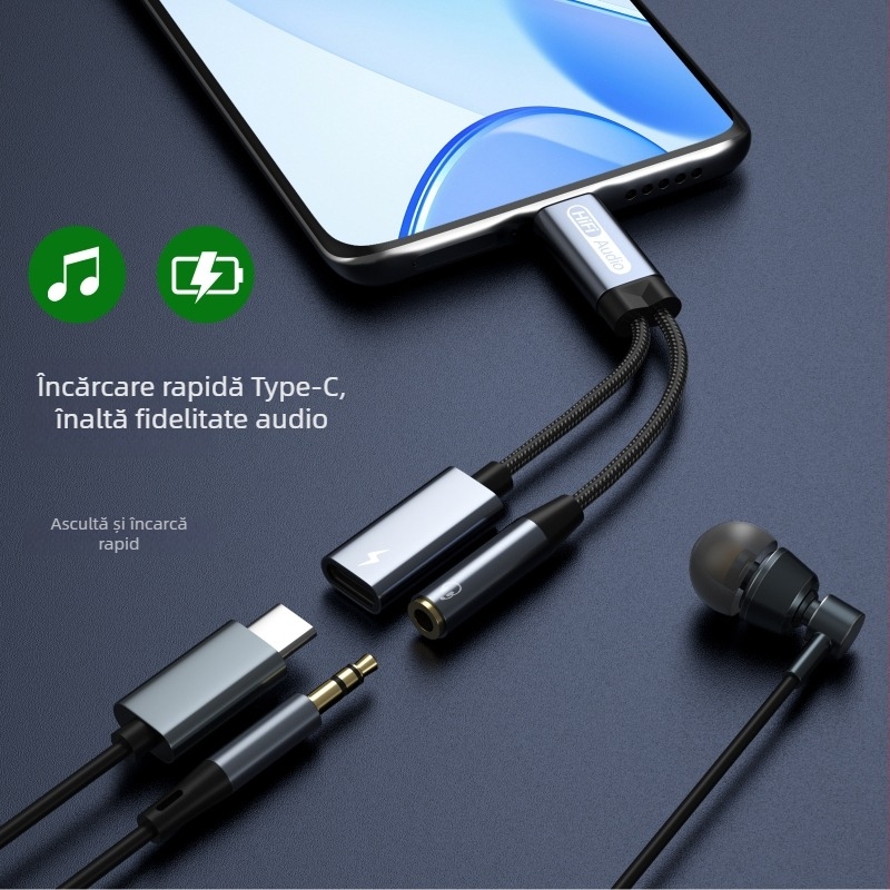 Adaptor USB-C către 3,5 mm pentru audio cu încărcare PD, pentru dispozitive digitale, cu contacte placate cu aur, nucleu din cupru, greutate 20 g, model USB-C-3.5+PD
