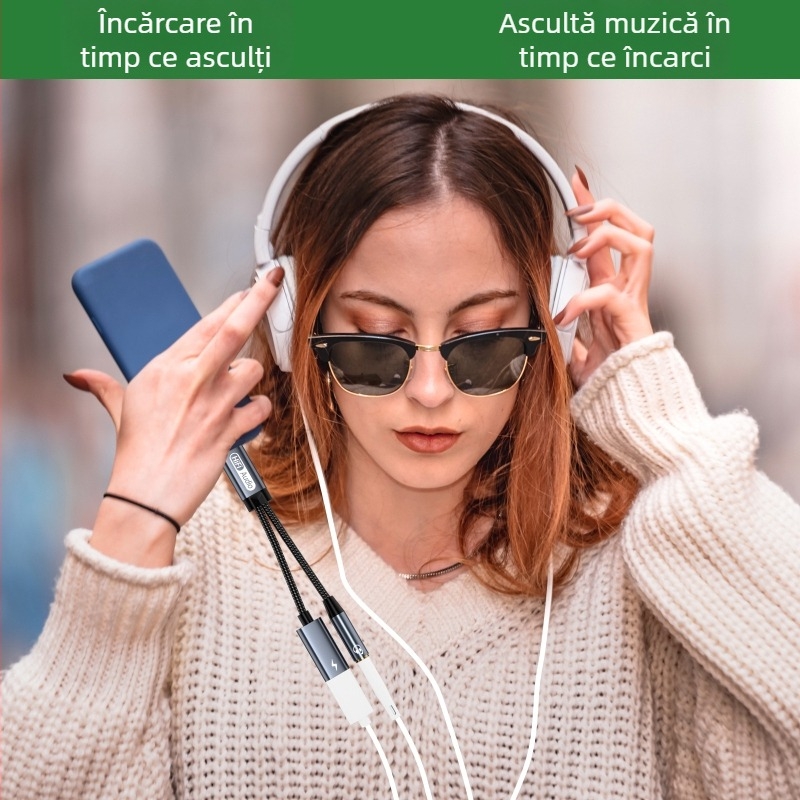 Adaptor USB-C către 3,5 mm pentru audio cu încărcare PD, pentru dispozitive digitale, cu contacte placate cu aur, nucleu din cupru, greutate 20 g, model USB-C-3.5+PD