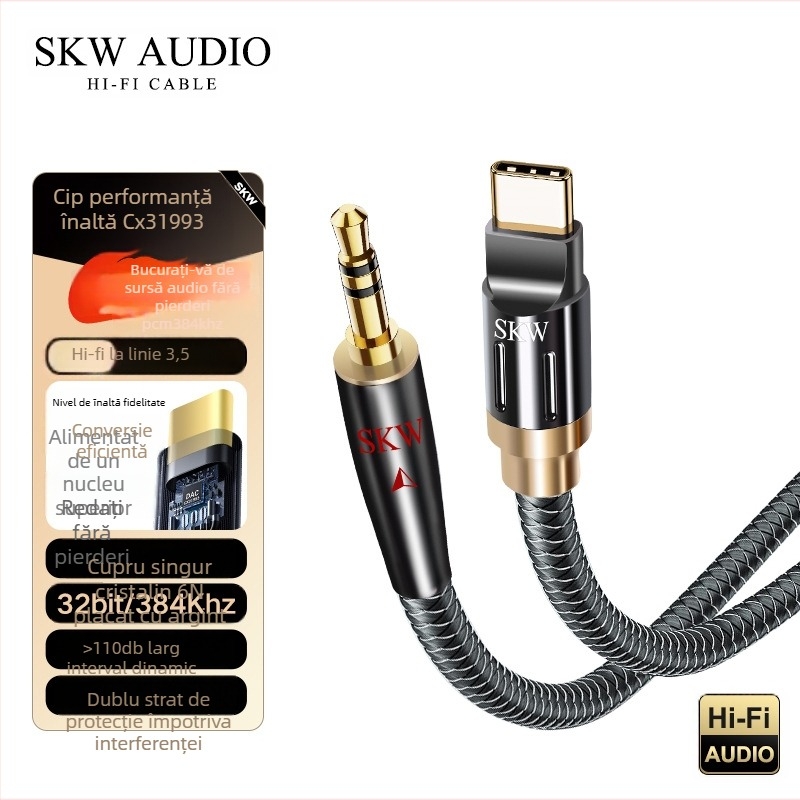 Cablu audio Type-C la 3,5 mm Wg2026c – nucleu din cupru monocrystal cu acoperire argintie, conductori de cupru (Compatibil cu mașina, telefon, PC, căști, difuzor Bluetooth)