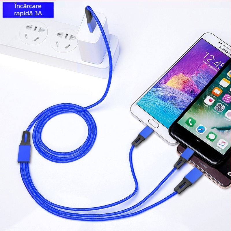 Cablu de date împletit 1–la–3 cu încărcare rapidă, Micro USB și Type-C, lungime 1–2 m, putere maximă 20 W