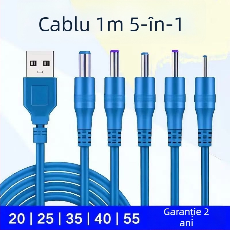Cablu de încărcare DC 1 la 5 cu mufe circulare 2.0/2.5/3.5/4.0 și conector de alimentare universal de 5.5 mm pentru lămpi de birou, ventilatoare, faruri