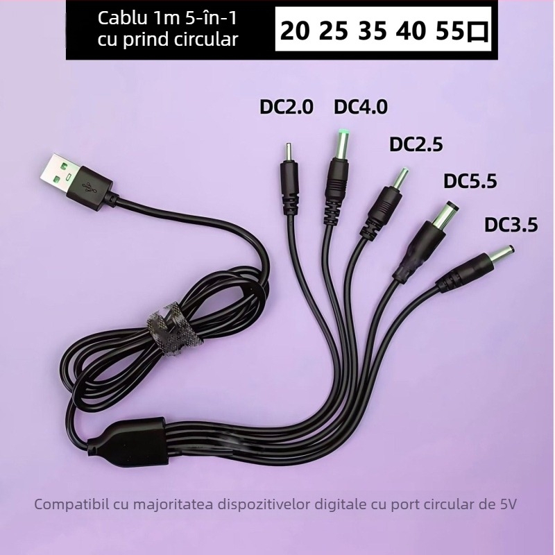 Cablu de încărcare DC 1 la 5 cu mufe circulare 2.0/2.5/3.5/4.0 și conector de alimentare universal de 5.5 mm pentru lămpi de birou, ventilatoare, faruri