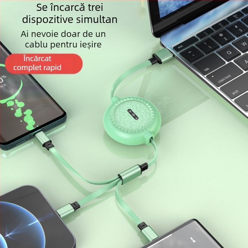 Gemstone cablu de încărcare 3 în 1 cu Lightning, USB-C și Micro USB – retractabil, 1–2 m, 3 A, din silicon