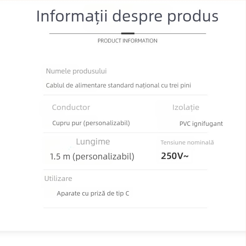 Cablu de alimentare certificat CCC, izolație din PVC, Standard național GB, cablu cu 3 conductori și conector cu trei pini