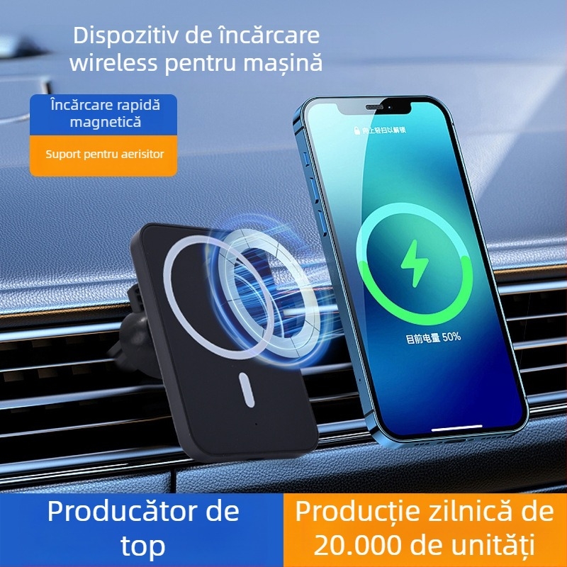 Încărcător auto wireless pentru ventilație cu suport magnetic — încărcare rapidă 15W QC 3.0, compatibil cu dispozitive Apple
