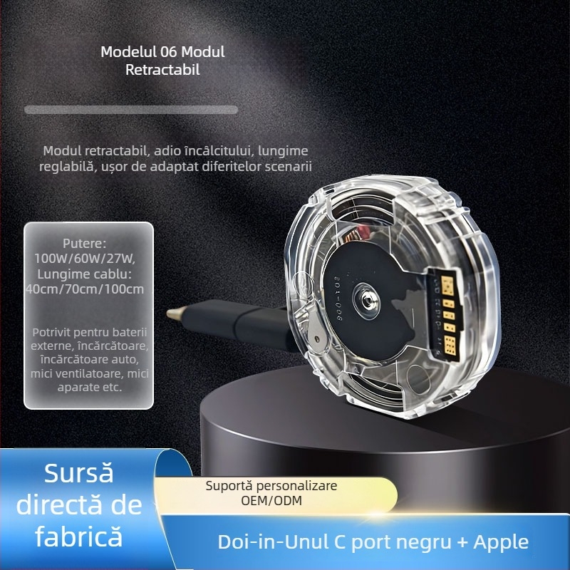 Modul retractabil de cablu de date pentru încărcător auto – conectori Type-C și Lightning, încărcare rapidă 35W/65W/100W, lungime cablu 0.5/0.7/1 m