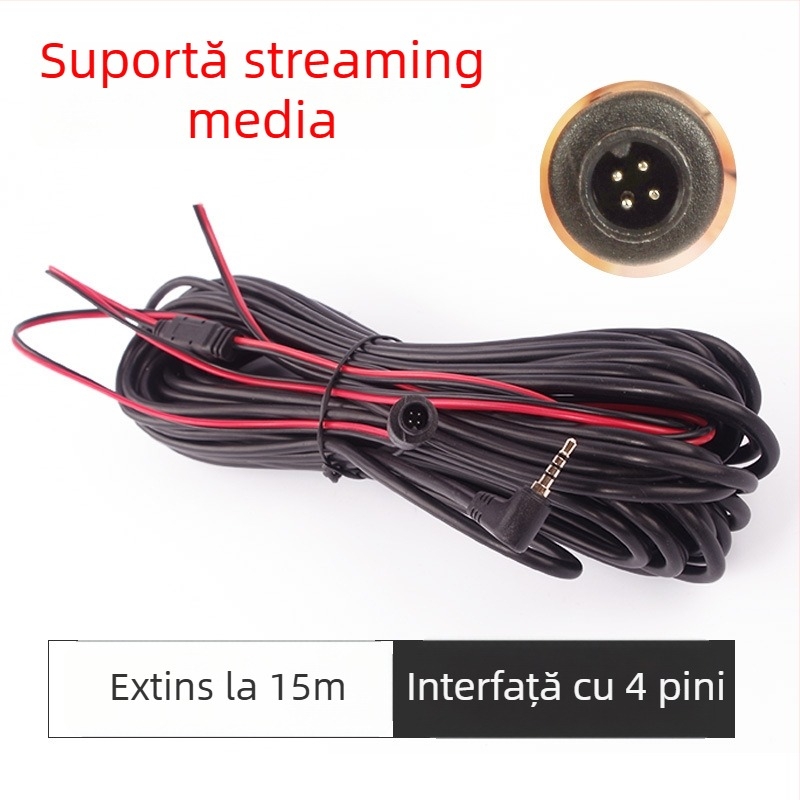 Cablu de extindere pentru DVR auto și cameră de vedere în spate – 15 m lungime, conexiune la alimentare, miez din oțel, conductor din cupru