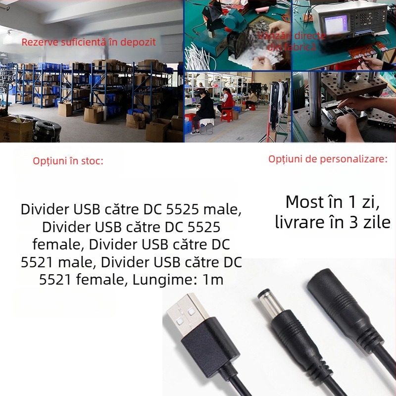 Cablu de alimentare USB către DC, împărțire 1-la-2, cu conectori DC5525/21 pentru echipamente de calcul (Brand Ling zhifeng; carcasă PVC; Rohs certificat; Certificat 3C 2022010105513446; Pentru echipamente de calcul)