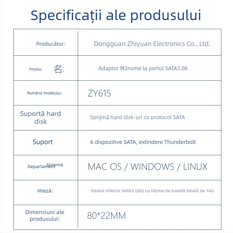 Card de extindere NAS M.2 M-Key PCIe 3.0 la SATA 6 porturi cu controler ASM1166 (Model Zy615)