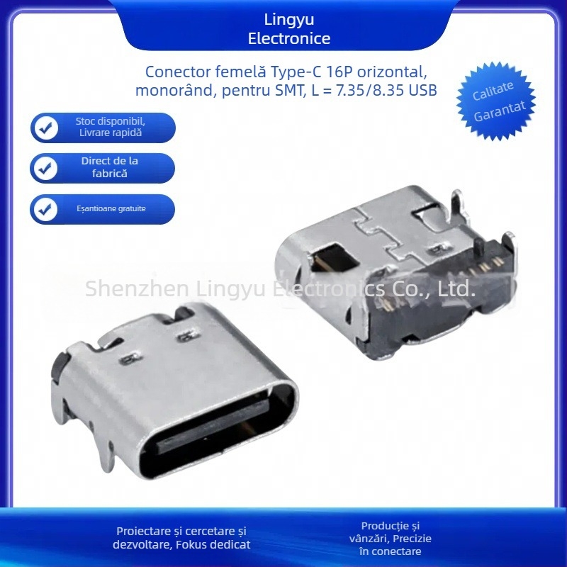 Lingyu conector Type-C cu 16 pini pentru placă, montaj pe placă, SMT în linie orizontală, port USB, material izolator LCP