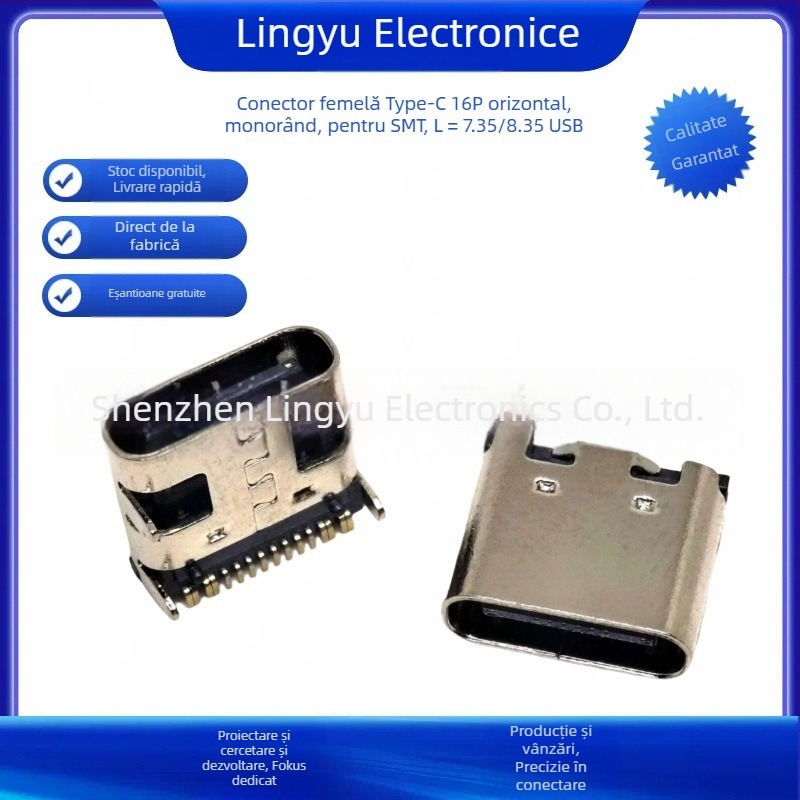 Lingyu conector Type-C cu 16 pini pentru placă, montaj pe placă, SMT în linie orizontală, port USB, material izolator LCP