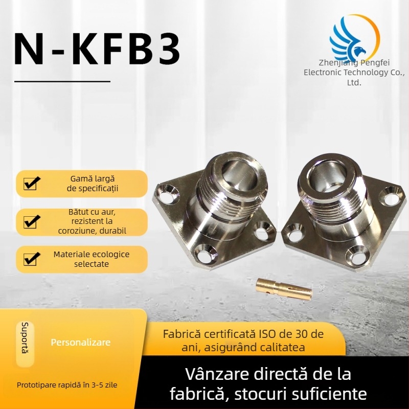 Conector RF coaxial N-KFB3, femeie, flanșă cu patru găuri, izolator PTFE