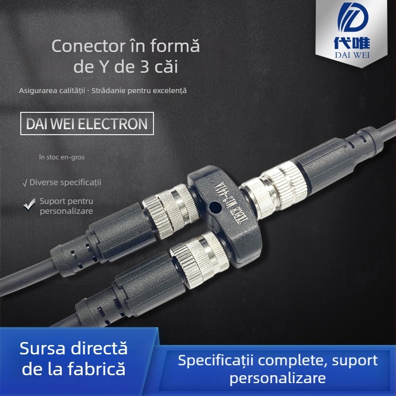 Conector M12 Y-Type, 5 pini, divizor 1-2 pentru senzor, cablu 222 mm, contacte din alamă placate cu aur, izolație din nailon