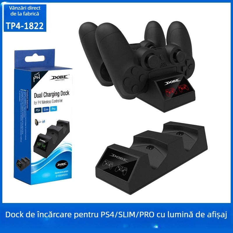 Bază de încărcare pentru gamepad PS4 Slim/Pro — încărcător dublu, interfață USB, compatibil cu două controllere wireless