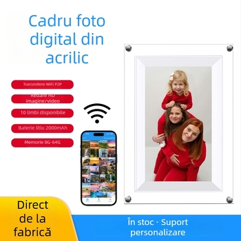 Fotoramă digitală acrilică NFT, multifuncțională, cu Wi‑Fi, 8GB stocare, suport card TF, rezoluție 1024×600, redare muzică și video