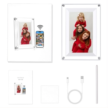 Fotoramă digitală acrilică NFT, multifuncțională, cu Wi‑Fi, 8GB stocare, suport card TF, rezoluție 1024×600, redare muzică și video