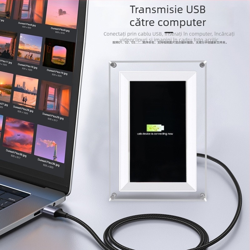 Fotoramă digitală acrilică NFT, multifuncțională, cu Wi‑Fi, 8GB stocare, suport card TF, rezoluție 1024×600, redare muzică și video