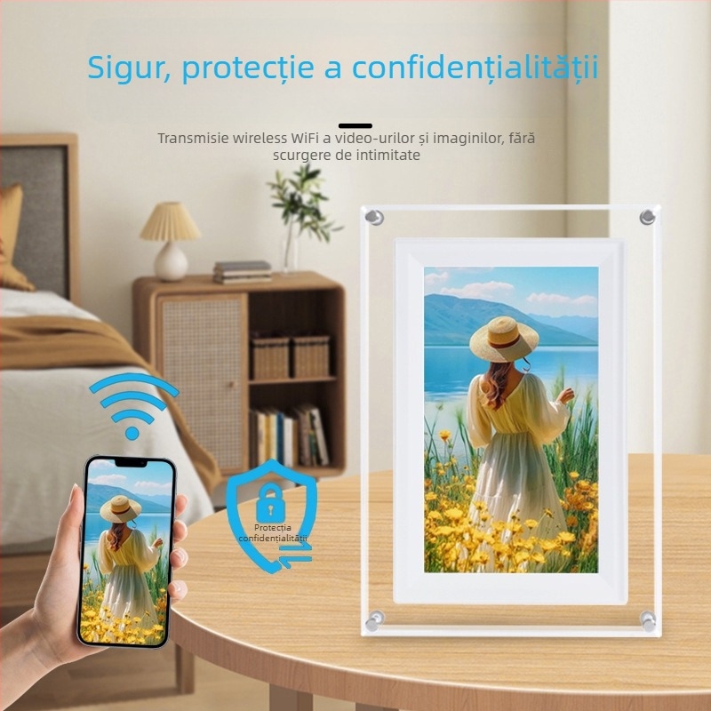 Fotoramă digitală acrilică NFT, multifuncțională, cu Wi‑Fi, 8GB stocare, suport card TF, rezoluție 1024×600, redare muzică și video