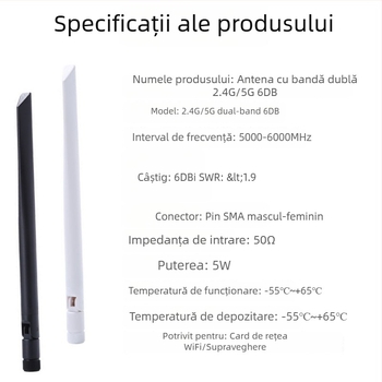 Antena lamelă, dublă bandă 5–6 GHz, câștig 6 dBi, filet SMA intern, pliabil