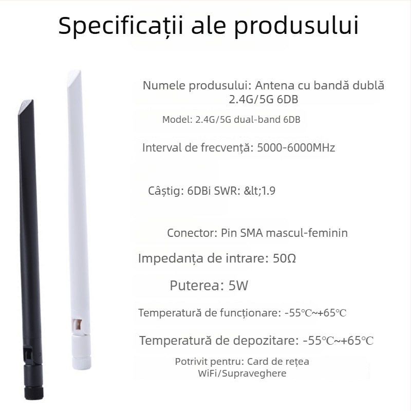 Antena lamelă, dublă bandă 5–6 GHz, câștig 6 dBi, filet SMA intern, pliabil