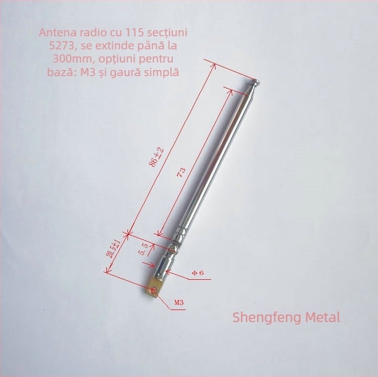 Shengfeng antenă radio telescopic din oțel inoxidabil, model 5273III, greutate 0,085 kg