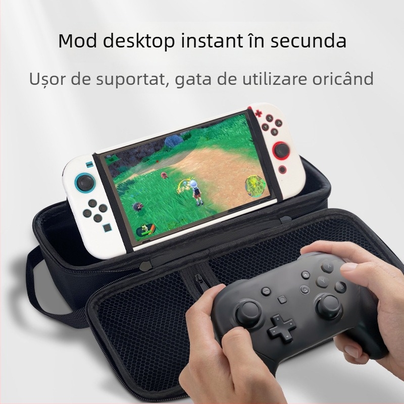 Carcasă de protecție Nintendo Switch OLED cu suport, material EVA PU denim, cusătură prin presare la cald, compatibilă Switch OLED/Switch/Lite, 500 g, închidere cu fermoar